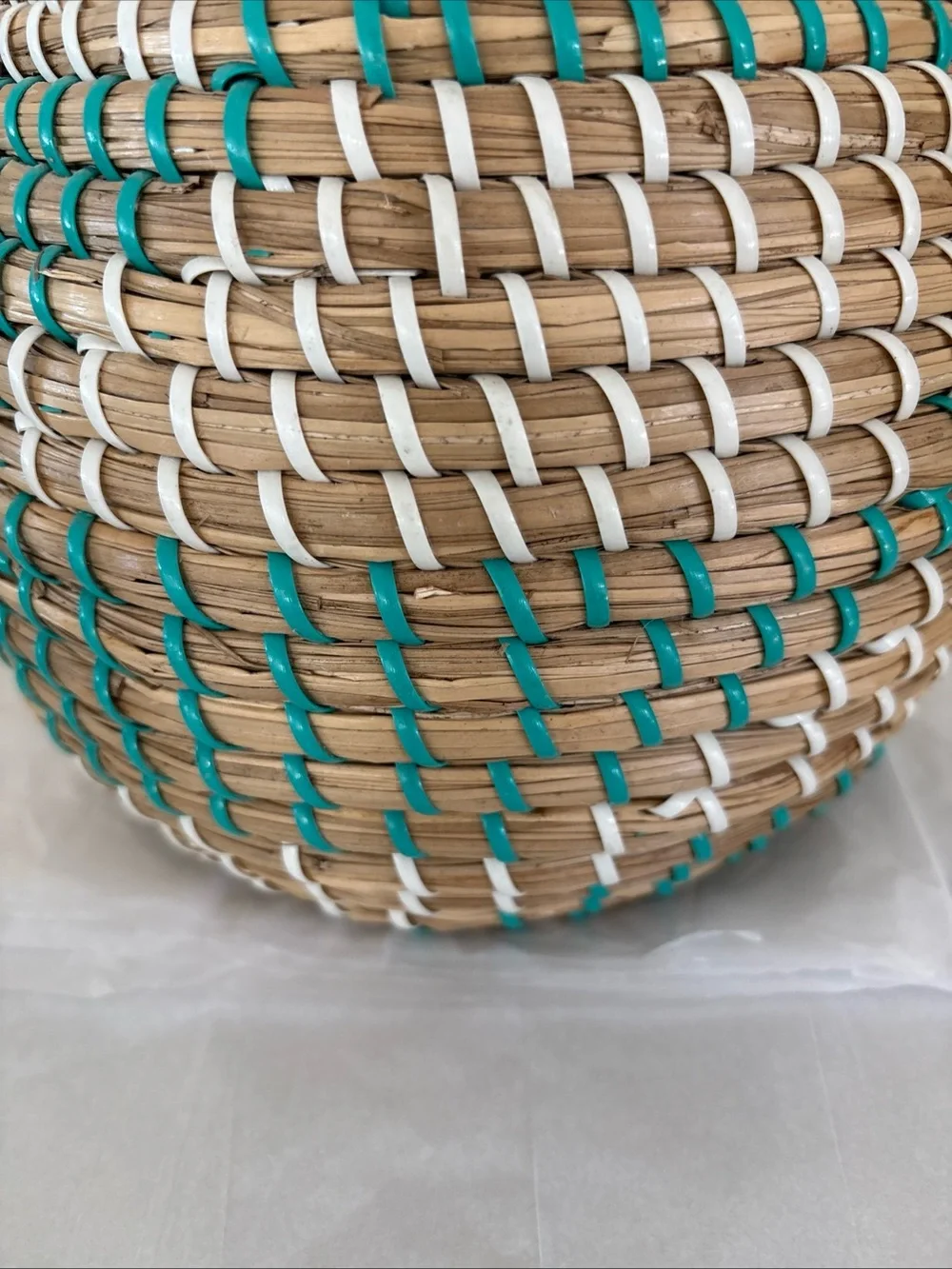 Handwoven Natural, Teal & White Decorative Basket Vase